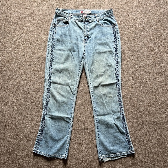 Vintage COS Jeans Blue Light Wash Flared Denim Rhinestone Embroidered Size 10 - Picture 2 of 16